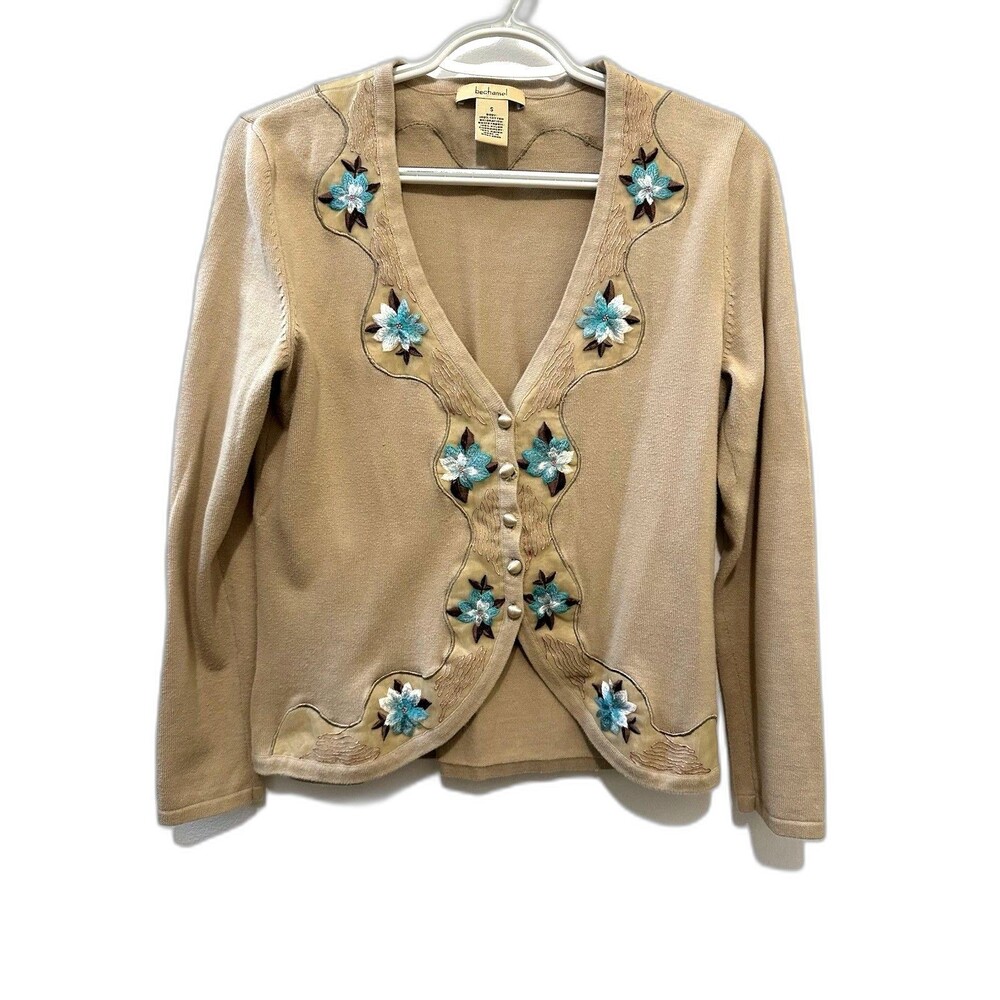 Vintage 90s Embroidered Floral Cardigan Cottagecore Beige Blue Sweater Small